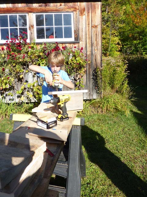 A child outside on a sunny day building a birdhouse