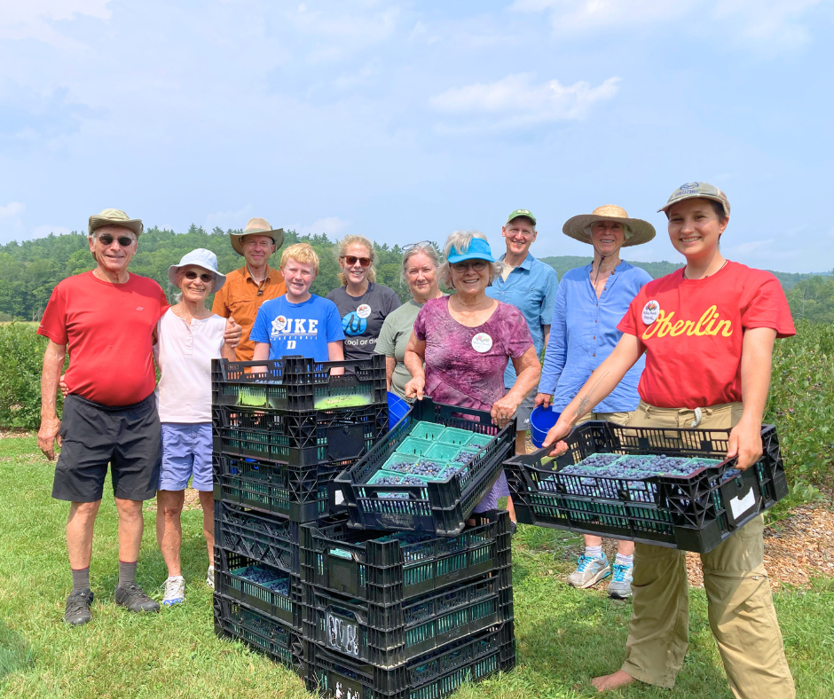 Volunteers pose with crates of blueberries at Kingland Farms.