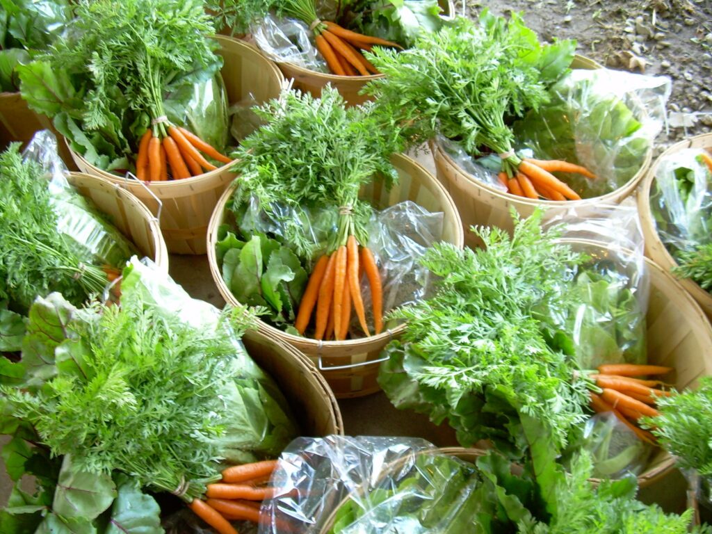 Several wooden buckers are displayed full of vegetables, including bunched of fresh carrots and greens